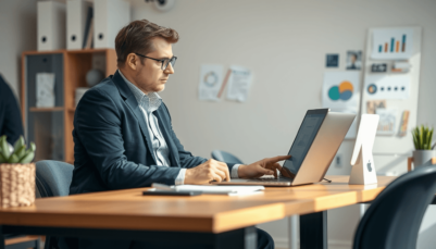 Profesional revisando datos fiscales en un ordenador en un entorno de oficina moderna