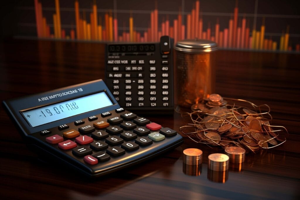 Calculadora financiera con monedas y barras de crecimiento