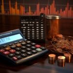 Calculadora financiera con monedas y barras de crecimiento